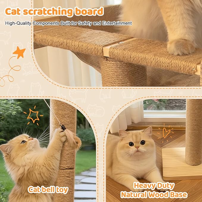 Cat Window Perch with 3 Adjustable Sisal Scratching Posts, Drill-Free Suction Cups, 45 lbs Capacity