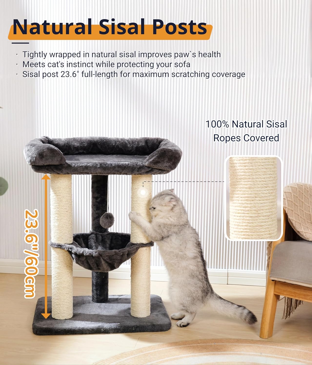 Happi N Pets 28" Cat Tree Tower, Tall Cat Scratching Post with Soft Perch for Window Viewing, Large Bed for Big Cats, Stable & Compact Cat Tower with Hammock, Removable Cover-Gray