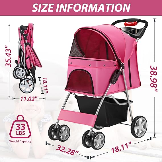 4 Wheels Pet Stroller for Small Medium Dogs Cats 10-33 lbs, Pink