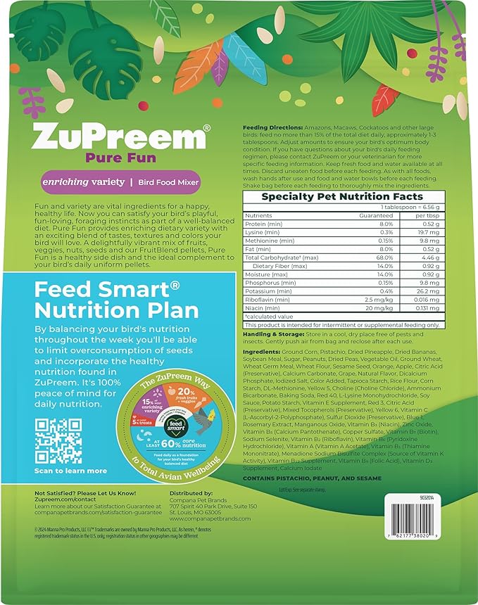 ZuPreem Pure Fun Bird Food, Cockatoo, Macaw, Seed and Pellet Blend for Large Birds, (L, 2 lbs)