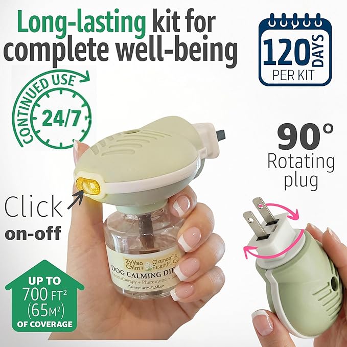 120 Days Advanced Dog Calming Diffuser Kit with Pheromones + Lavender & Chamomile for Anxiety Relief - 2 Diffusers & 4 Refills