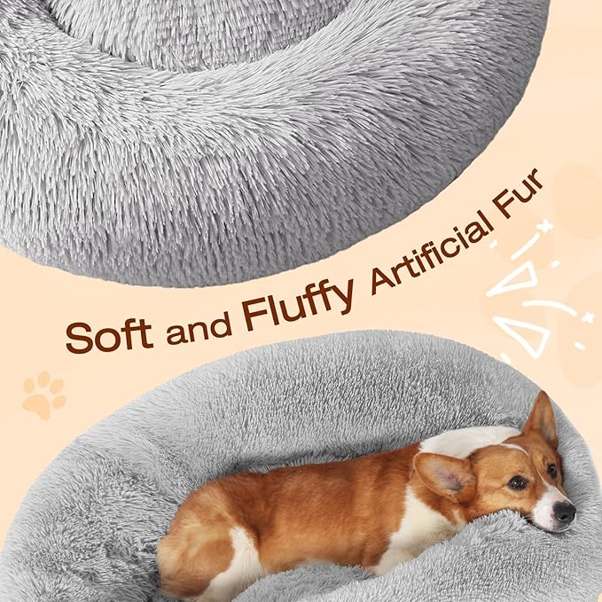 JOLLYVOGUE Small Dog Bed, Calming Soft Anti-Anxiety Donut Cat Bed, (20")