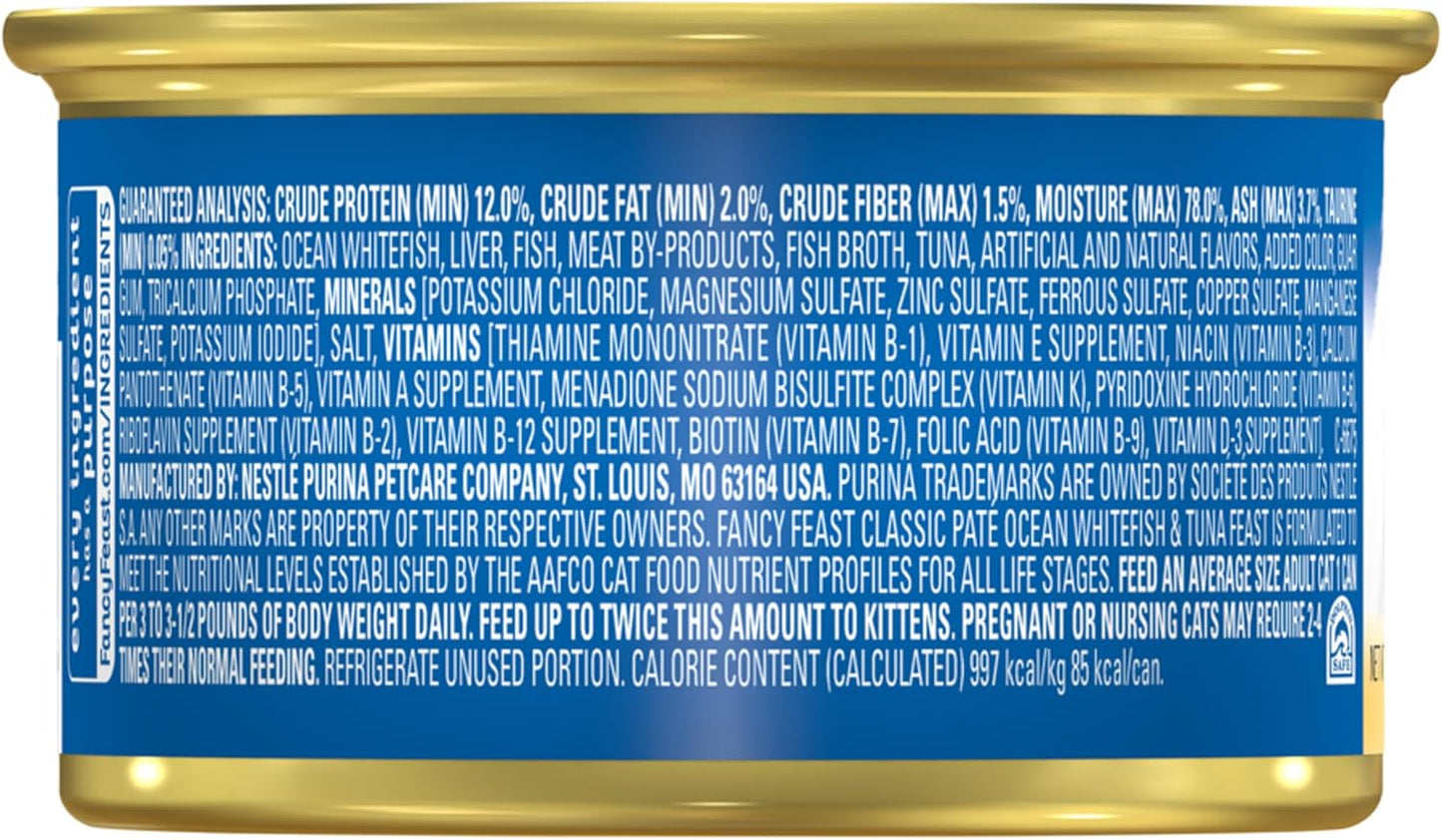 Purina Fancy Feast Classic Pate Ocean Whitefish and Tuna Feast Classic Grain Free Wet Cat Food Pate - (Pack of 24) 3 oz. Cans