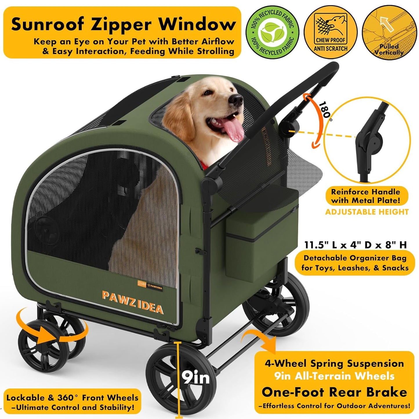 PAWZIDEA 3-in-1 Large Dog Stroller with Detachable Carrier up to 80lbs, Portable Dog Car Crate & Travel Kennel, Foldable Pet Stroller for 2 Medium Dogs, All-Terrain 9” Jogger Wheels, Adjustable Handle
