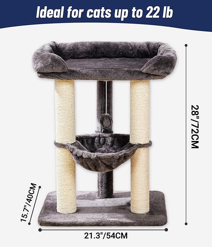 Happi N Pets 28" Cat Tree Tower, Tall Cat Scratching Post with Soft Perch for Window Viewing, Large Bed for Big Cats, Stable & Compact Cat Tower with Hammock, Removable Cover-Gray
