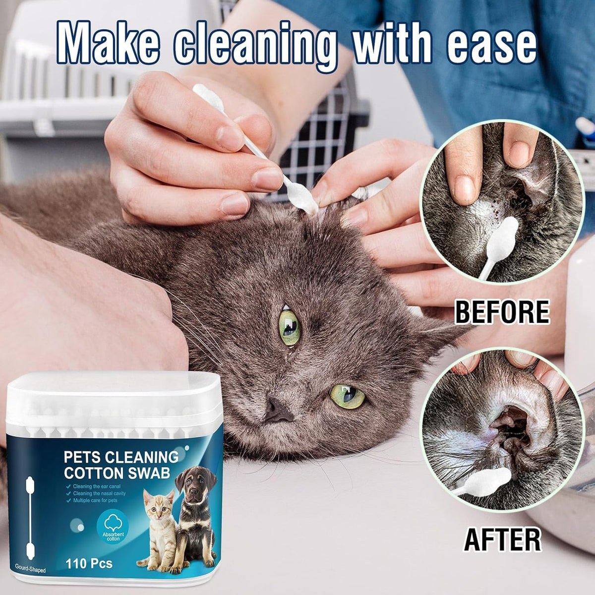 110 Pcs Cat Cotton Swabs Ear Cleaning Double for dog and cat
