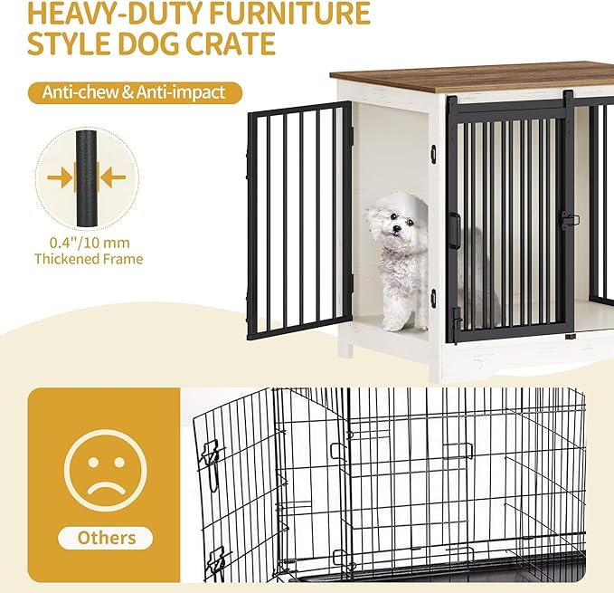 Dog Crate Furniture with Barn Door, Heavy Duty Dog Kennel Indoor with 2 Doors