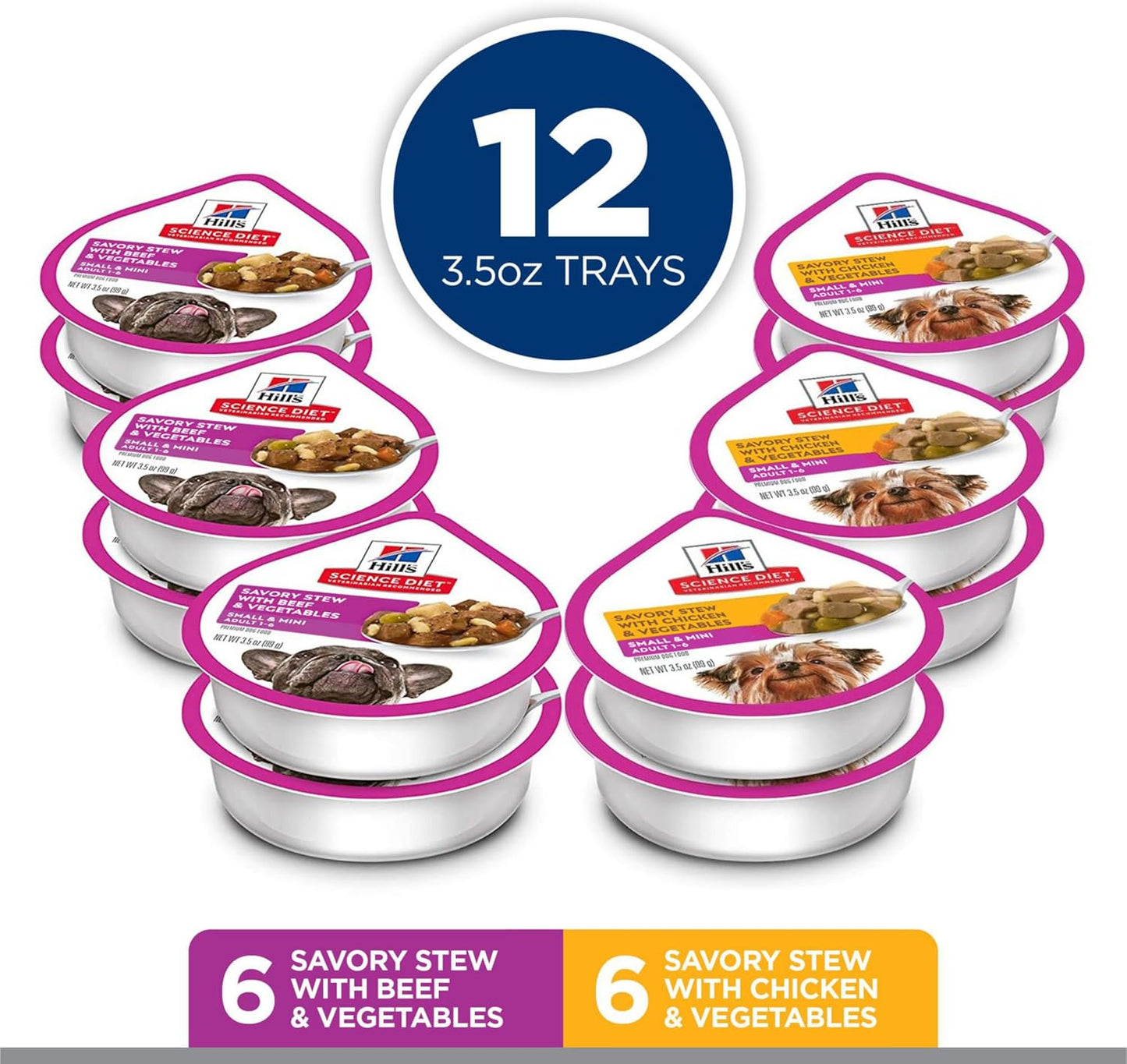 Hill's Science Diet Small & Mini, Adult 1-6, Small & Mini Breeds Premium Nutrition, Wet Dog Food, Variety Pack: Chicken & Vegetables; Salmon & Vegetables Stew, 3.5 oz Tray Variety Pack, Case of 12