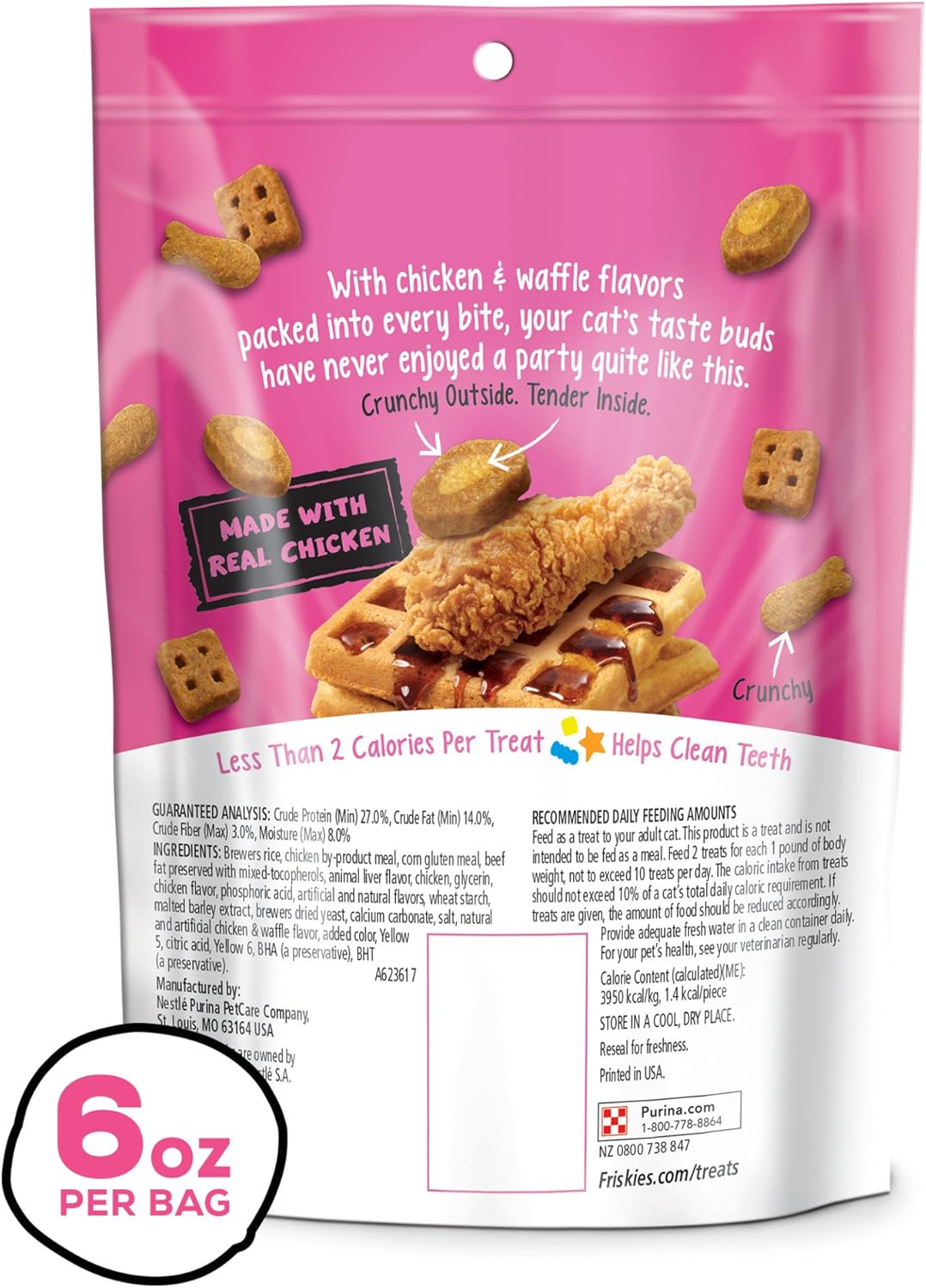 Purina Friskies Made in USA Facilities Cat Treats, Party Mix Chicken & Waffle Flavors - (Pack of 6) 6 oz. Pouches