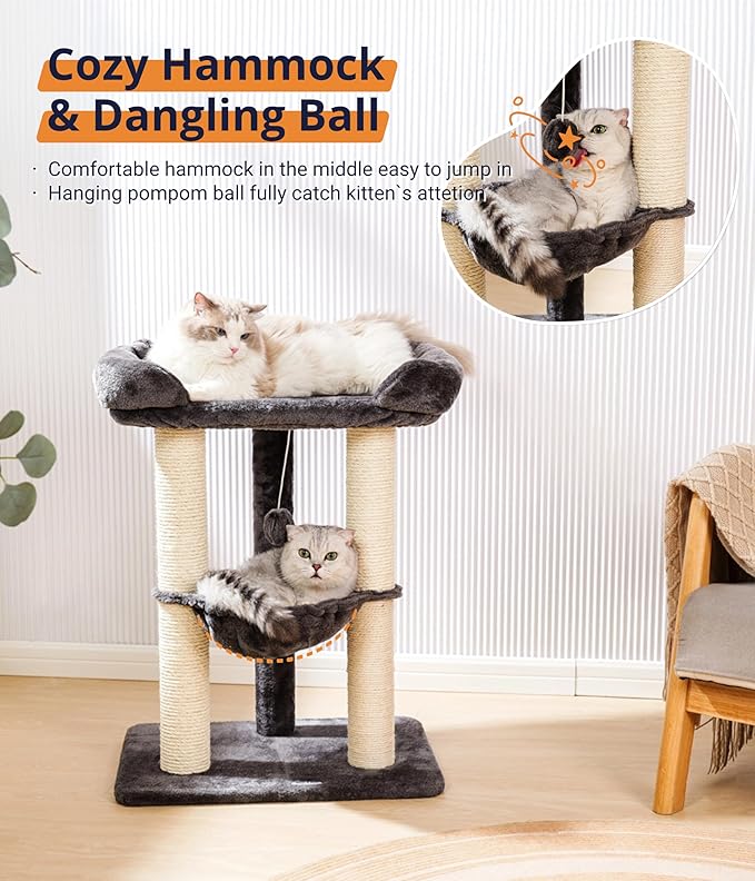 Happi N Pets 28" Cat Tree Tower, Tall Cat Scratching Post with Soft Perch for Window Viewing, Large Bed for Big Cats, Stable & Compact Cat Tower with Hammock, Removable Cover-Gray