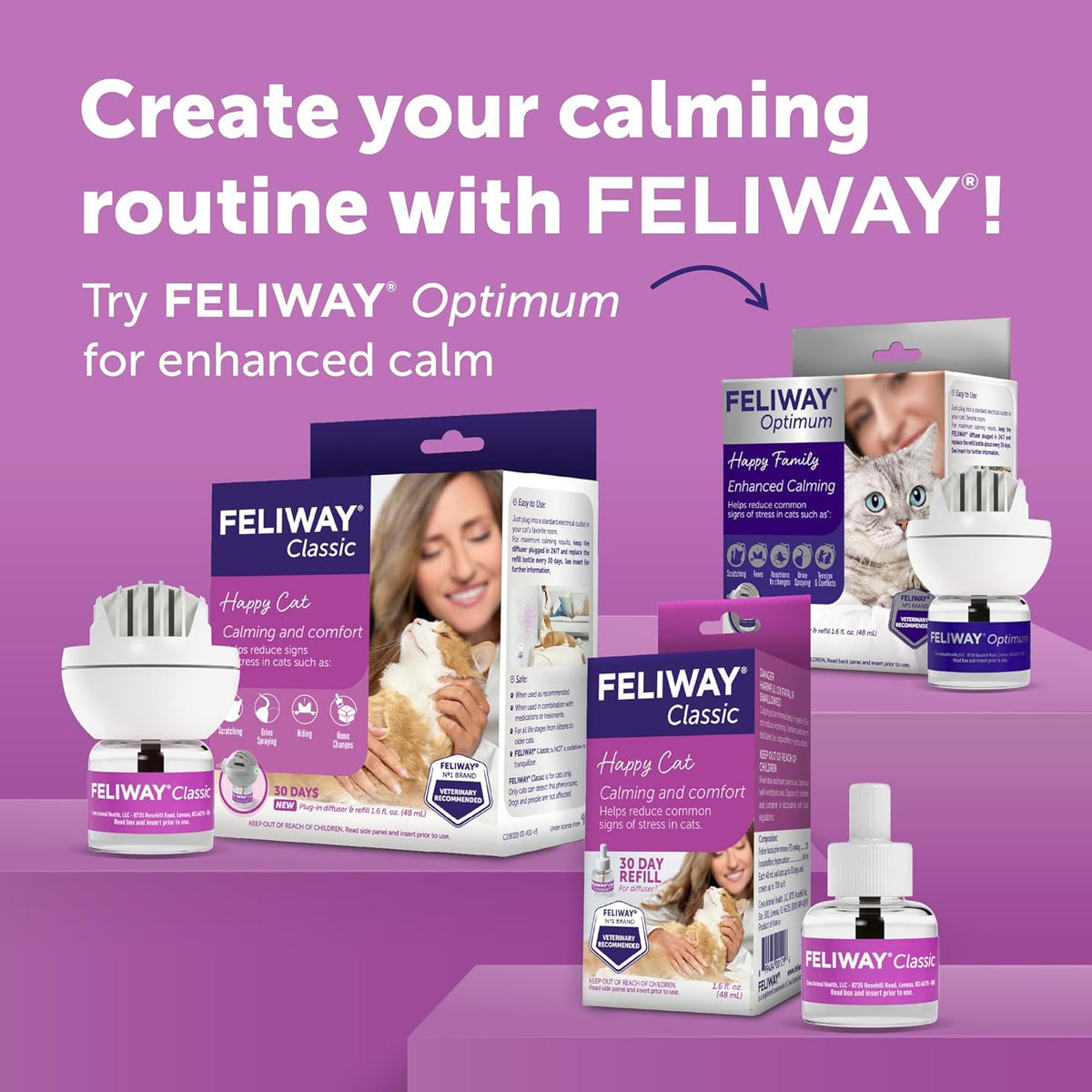 FELIWAY® Classic 3 x 30 Day Cat Calming Refills for Pheromone Diffuser, 3 x 48ml Value Pack - Helps Reduce Common Signs of Stress in Cats & Kittens, Enhanced Calming