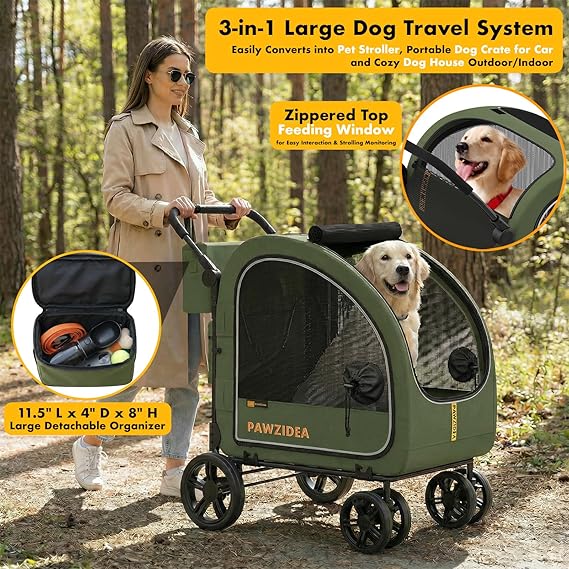 PAWZIDEA 3-in-1 Large Dog Stroller with Detachable Carrier up to 80lbs, Portable Dog Car Crate & Travel Kennel, Foldable Pet Stroller for 2 Medium Dogs, All-Terrain 9” Jogger Wheels, Adjustable Handle