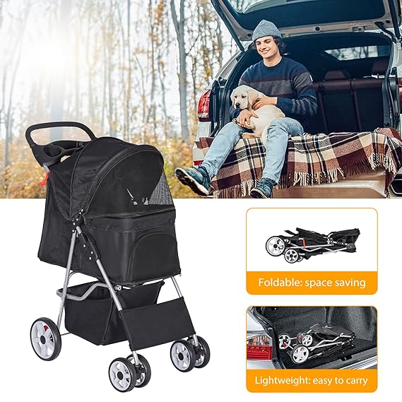 Pet Stroller for Dogs, Black 4 Wheels Cat Strolling Cart Foldable Travel Carrier
