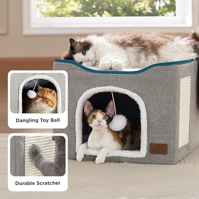 Bedsure Cat Beds for Indoor Cats - Large Cat Cave for Pet Cat House with Fluffy Ball Hanging and Scratch Pad, Foldable Cat Hideaway, 16.5x16.5x13 inches