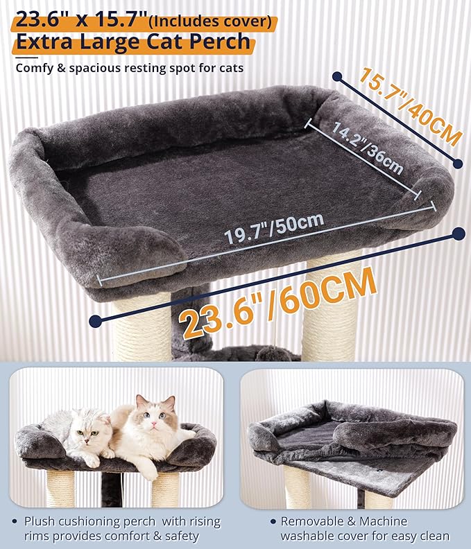 Happi N Pets 28" Cat Tree Tower, Tall Cat Scratching Post with Soft Perch for Window Viewing, Large Bed for Big Cats, Stable & Compact Cat Tower with Hammock, Removable Cover-Gray