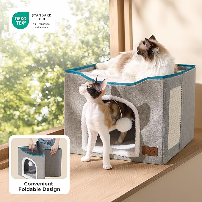 Bedsure Cat Beds for Indoor Cats - Large Cat Cave for Pet Cat House with Fluffy Ball Hanging and Scratch Pad, Foldable Cat Hideaway, 16.5x16.5x13 inches