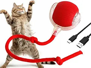 Automatic Cat Ball, RED, LED Lights, Indoors for Active Cats - Rechargeable, Smart Rolling, Speedy Tail/Rope