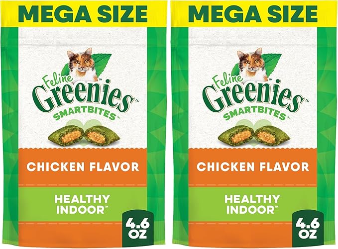 Greenies Feline Smartbites,Cat Treats Healthy Recipe,Indoor Cat Treats,Chicken Flavor,4.6 oz,(Pack of 2)