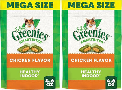 Greenies Feline Smartbites,Cat Treats Healthy Recipe,Indoor Cat Treats,Chicken Flavor,4.6 oz,(Pack of 2)