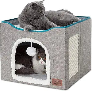 Bedsure Cat Beds for Indoor Cats - Large Cat Cave for Pet Cat House with Fluffy Ball Hanging and Scratch Pad, Foldable Cat Hideaway, 16.5x16.5x13 inches