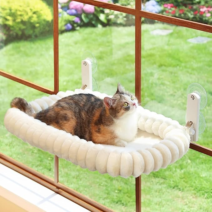 Zakkart SnugCloud Foldable Cat Window Perch - Cordless, (Cream White, Medium)