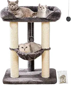 Happi N Pets 28" Cat Tree Tower, Tall Cat Scratching Post with Soft Perch for Window Viewing, Large Bed for Big Cats, Stable & Compact Cat Tower with Hammock, Removable Cover-Gray