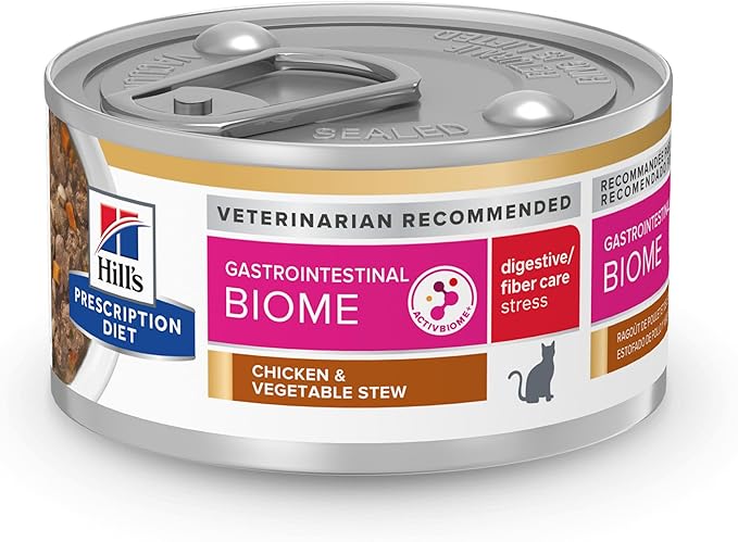Hill's Prescription Diet Gastrointestinal Biome Stress Digestive/Fiber Care Wet Cat Food, Chicken & Vegetable Stew, 2.9 oz. Cans, 24-Pack