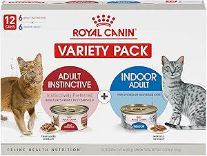 Royal Canin Feline Health Nutrition Indoor Adult & Adult Instinctive Thin Slices in Gravy and Morsels in Gravy Variety Pack Cat Food, 3 oz (Pack of 12)