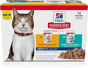 Hill's Science Diet Adult 7+ Wet Cat Food Variety Pack, Chicken & Tuna, 2.8 oz. Pouches, 12-Pack
