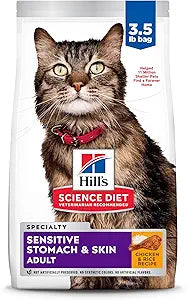 Hill's Science Diet Adult 1-6 Sensitive Stomach & Skin Dry Cat Food, Chicken & Rice, 3.5 lb. Bag (Updated Formula)