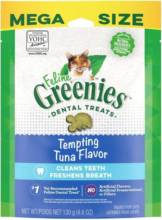 Greenies Cat Treats, Veterinarian-Recommended Adult Natural Dental Cat Treats, Tempting Tuna Flavor, 4.6 oz. Tub