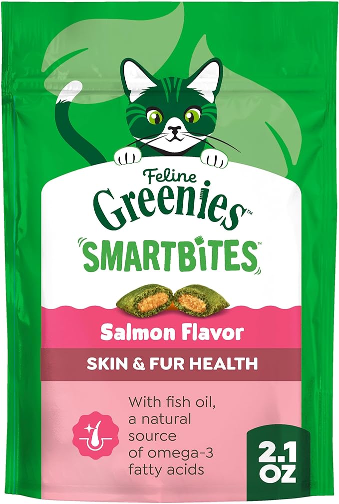 Greenies Cat Treats, Feline Smartbites, Skin & Fur Health, Crunchy and Soft Cat Treats, Salmon Flavor, 2.1 oz. Pack