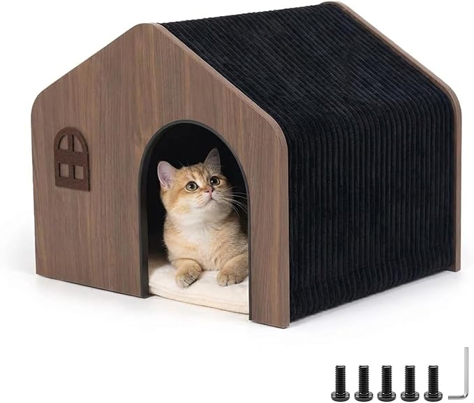 Modern Wooden Cat House Indoor – E0 Grade Enclosed Cat Cave Bed with Washable Cushion, Eco-Friendly Non-Toxic Pet Furniture for Kittens & Medium Cats