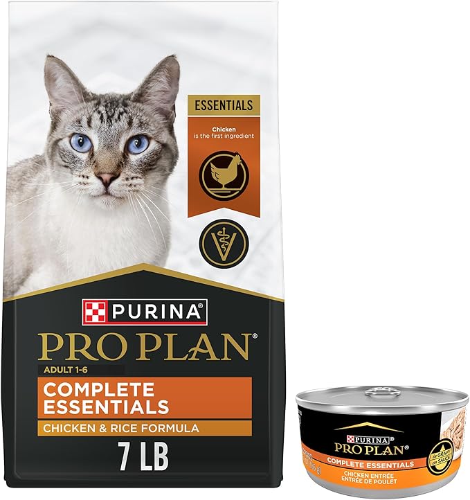 Purina Pro Plan Complete Essentials Chicken and Rice Formula Adult Dry Cat Food Bundle Complete Essentials Chicken Entrée High Protein Wet Cat Food, 2 Items