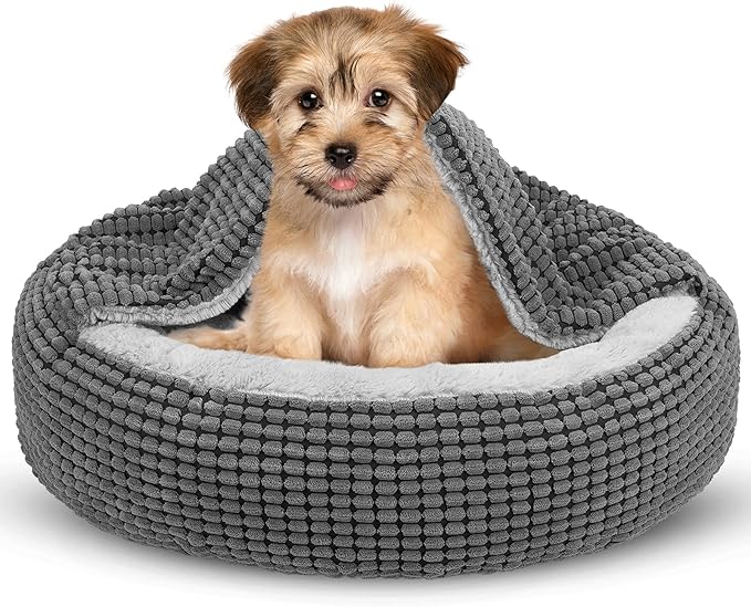 SIWA MARY Small Dog Bed with Attached Blanket, Cozy Donut Cuddler Anti-Anxiety Hooded Pet Beds Calming Cave Bed, 23inch
