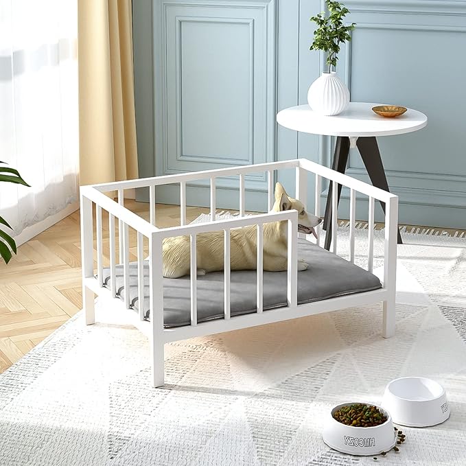Dog Bed with Rails - Elevated Pet Metal Bed Frame, 21.3" x 30 ", White