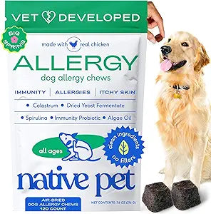 Native Pet Dog Allergy Chews - Dog Allergy Relief for XL Breeds - Supports Seasonal Itch Relief, Healthy Immune Function & Reduces Sneezing - Colostrum, Spirulina, & Probiotics - 30 Days Supply