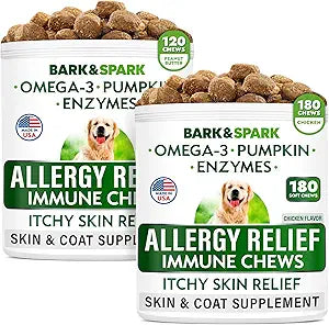 Allergy Relief Dog Treats - Itchy Skin Relief - 300 Chews - Peanut Butter + Chicken Flavor - Made in USA