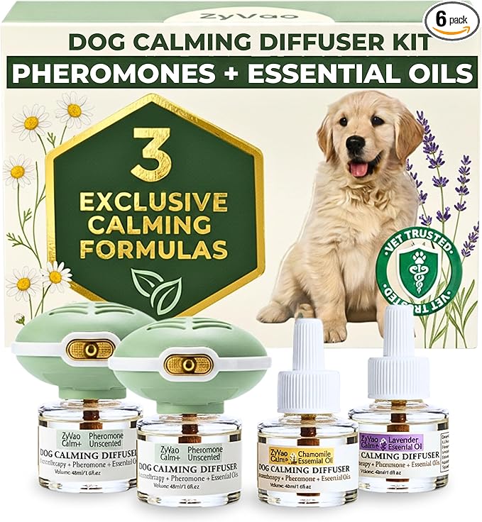 120 Days Advanced Dog Calming Diffuser Kit with Pheromones + Lavender & Chamomile for Anxiety Relief - 2 Diffusers & 4 Refills