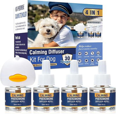 Dog Pheromone Calming Diffuser 4 In 1 Appeasing Pet Pheromones Diffuser to Calm Kit (Plug in+ 3 Pack 48ml Refill)
