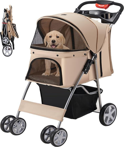 Pet Stroller, 4 Wheels Pet Strolling Cart for Medium/Small Dogs and Cats, Khaki