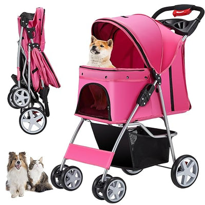 4 Wheels Pet Stroller for Small Medium Dogs Cats 10-33 lbs, Pink