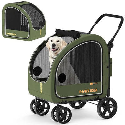 PAWZIDEA 3-in-1 Large Dog Stroller with Detachable Carrier up to 80lbs, Portable Dog Car Crate & Travel Kennel, Foldable Pet Stroller for 2 Medium Dogs, All-Terrain 9” Jogger Wheels, Adjustable Handle