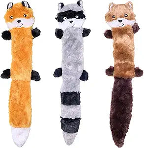 ZippyPaws Skinny Peltz - No Stuffing Dog Toy Pack to Keep Them Busy, for Medium and Large Dogs, Squeaky Pet Toys, Unstuffed Chew Toys, Soft Plush Variety Pack, Fox, Raccoon, and Squirrel - 18"