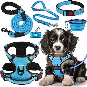 No Pull Dog Harness, Collar & Leash Set with Retractable Dog Seat Belt, Fits Small to Large Dogs(Blue-M)